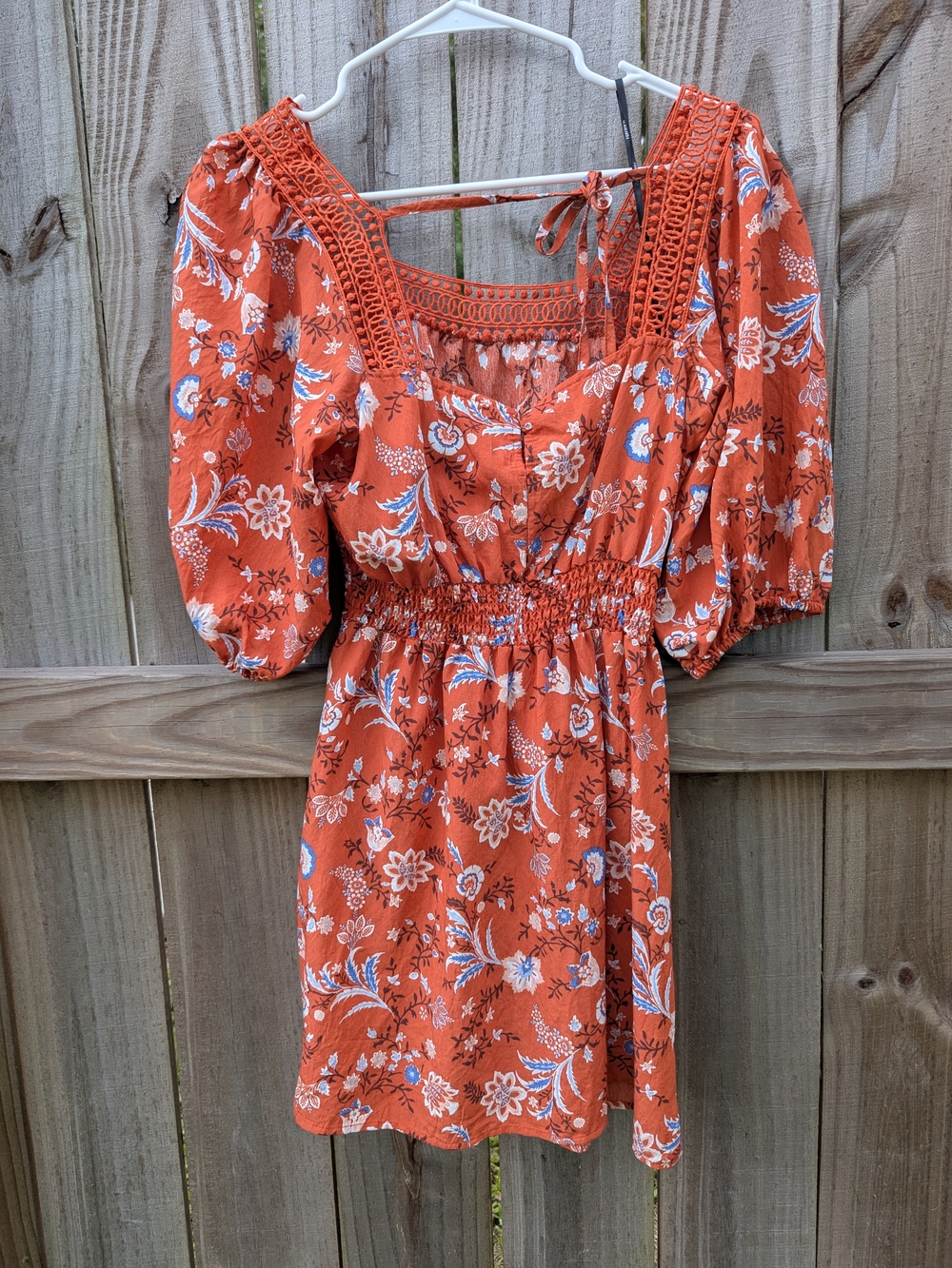 Forever 21 Rust Floral Smocked Mini Dress with Crochet Trim